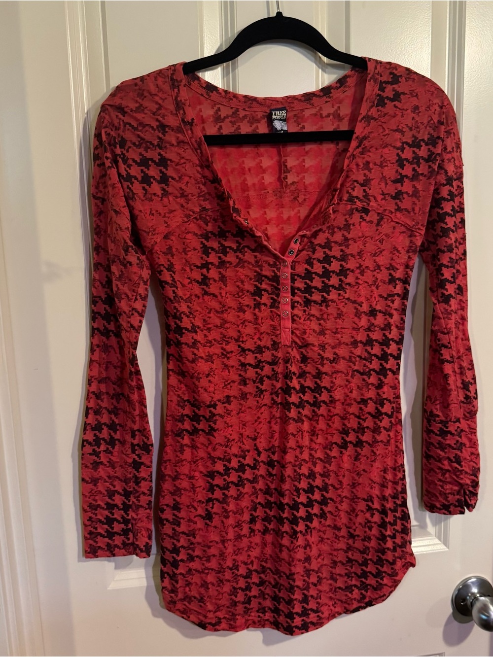 Free People Red & Black Printed Long Sleeve Henley